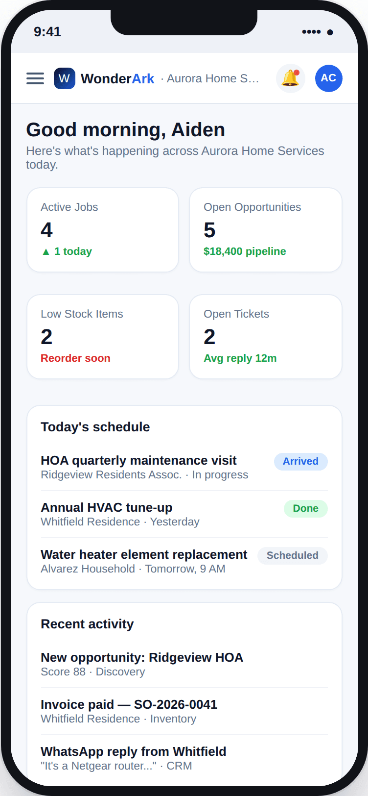 WonderArk's mobile dashboard showing active jobs, open opportunities, low stock alerts and open support tickets in one view