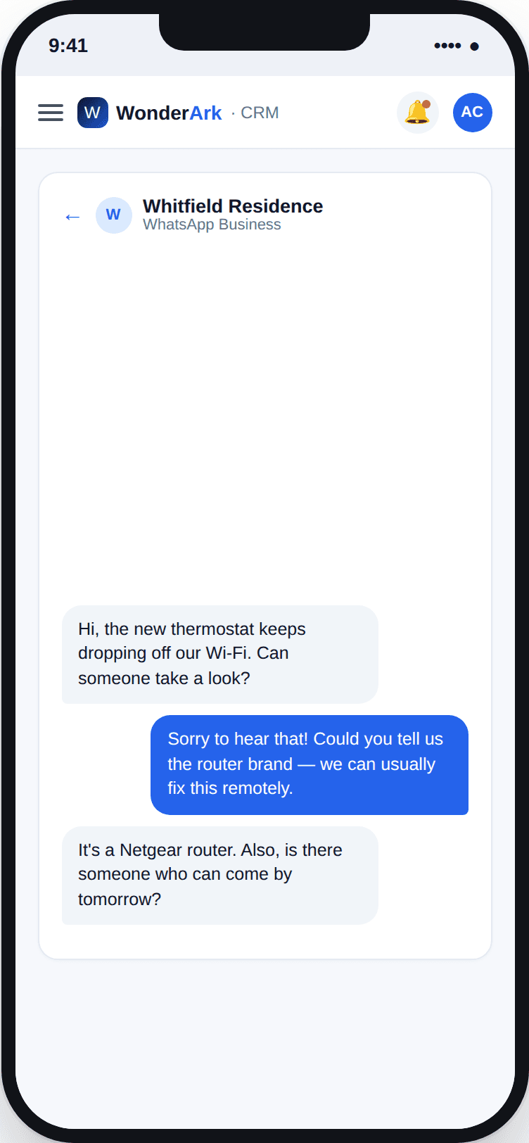 Shared CRM inbox showing a WhatsApp conversation thread with a customer