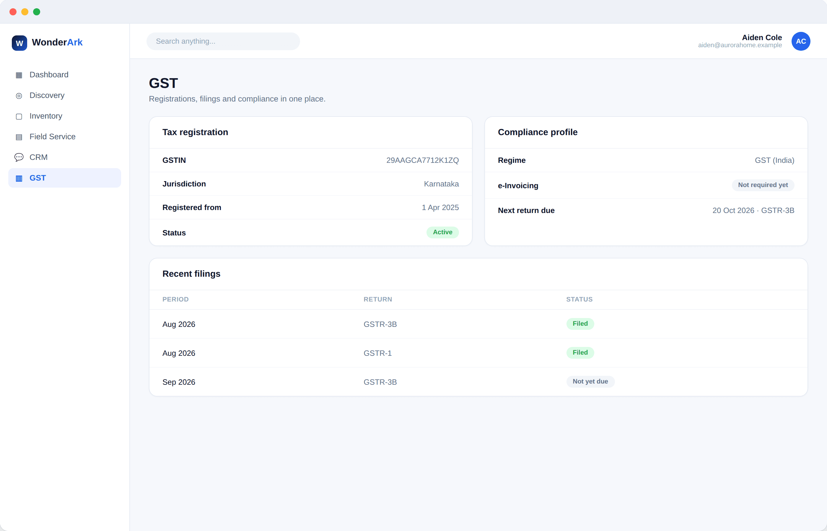 GST dashboard showing an active GSTIN registration and recent return filings